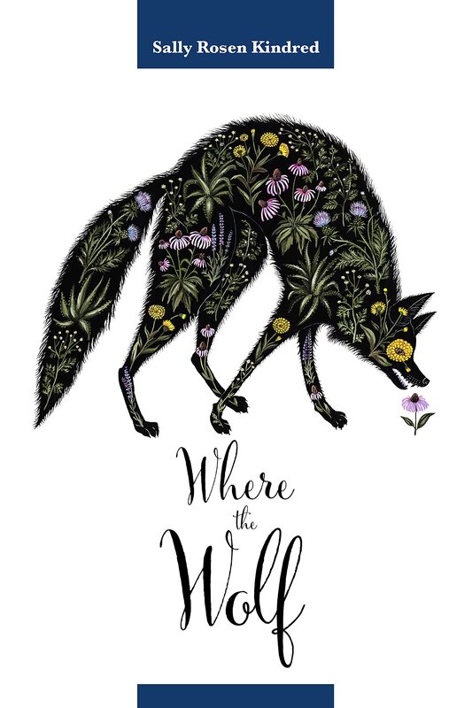 A drawing of a black wolf made up of flowers on a black background. It is nearly reaching for a small, purple flower in front of its mouth. The words 