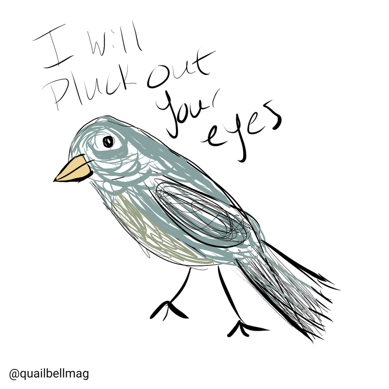 A doodle of a bird, blue, with written text 