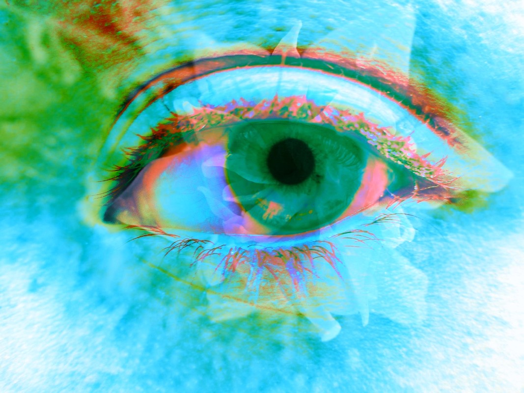 Eye in Bloom in Blue by Gretchen Gales. Picture of an open eye mixed with dreamlike flower images to make a collage.