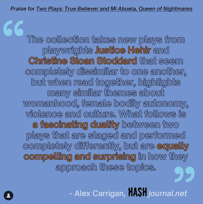 An Instagram graphic featuring a quote from Alex Carrigan's review of the book Two Plays