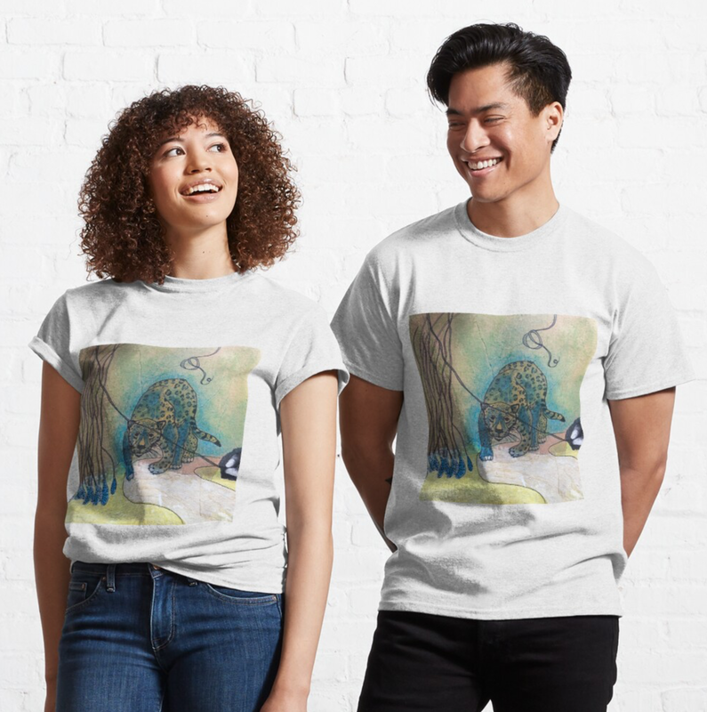 Two people wearing T-shirts designed by Christine Sloan Stoddard. They feature her painting 